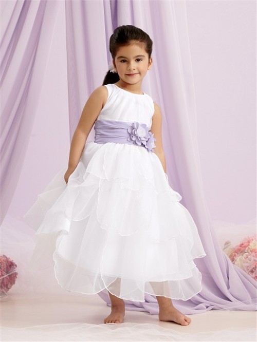 A-line Princess Scoop Tea Length White Organza Flower Girl Dress With ...