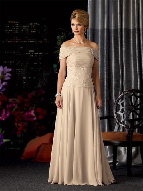 A line strapless long champagne chiffon lace mother of the bride dress ...