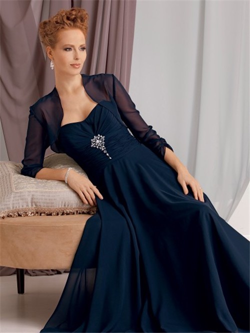 A line sweetheart long navy blue chiffon vintage mother of the bride