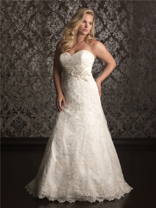 A line sweetheart sweep train lace plus size wedding dress with sash ...