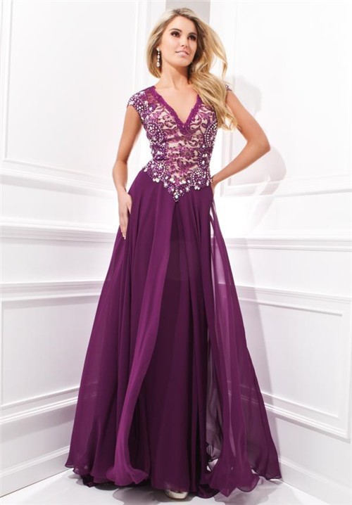 Jovani - Lace Embellished Long Sleeves V-Neckline Gown 