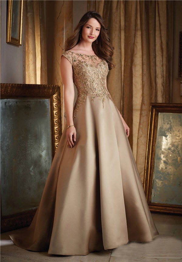 Ball Gown Boat Neck Cap Sleeve Gold Satin Lace Beaded Evening Prom Dress