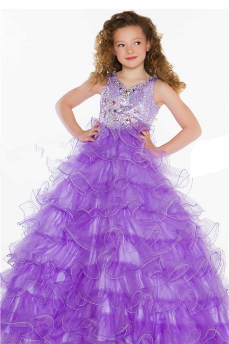 Ball Gown Long Lilac Purple Tulle Ruffle Beaded Little Girl Party Prom ...