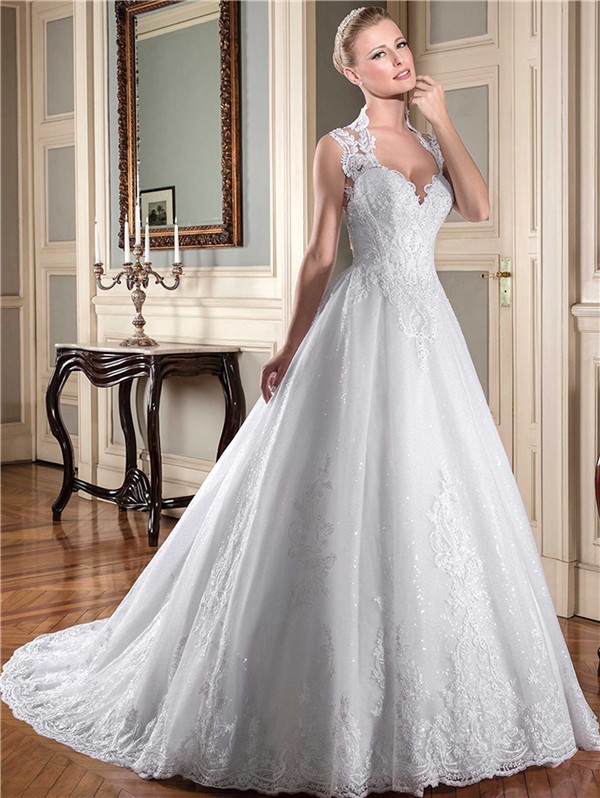 Ball Gown Queen Anne Neckline Sheer Back Lace Tulle ...