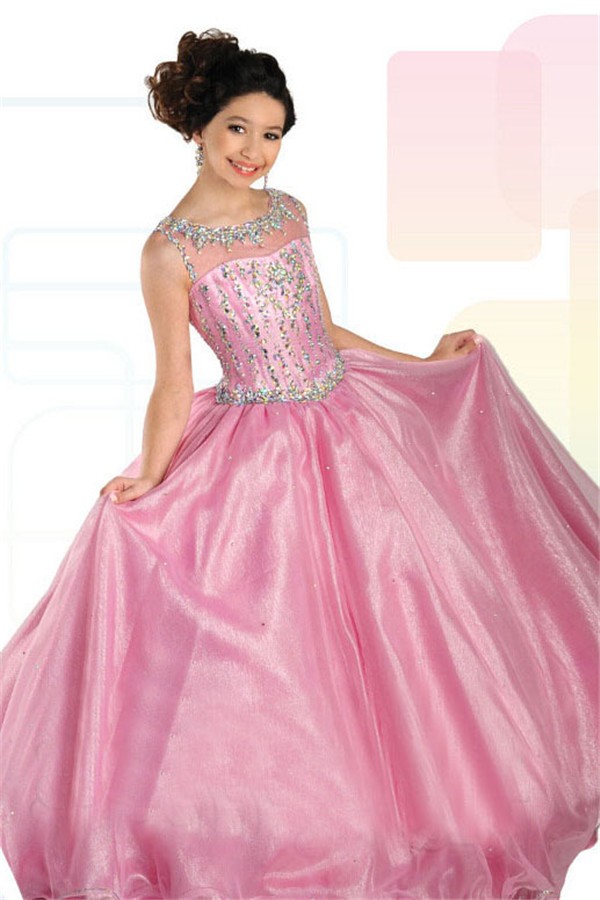 Ball Gown Sleeveless Open Back Pink Organza Beaded Girl Pageant Prom Dress