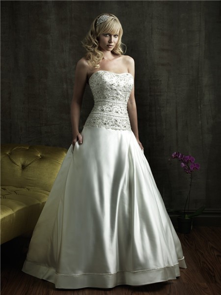 Ball Gown Strapless Fitted Dropped Waist Satin Embroidered Beaded ...