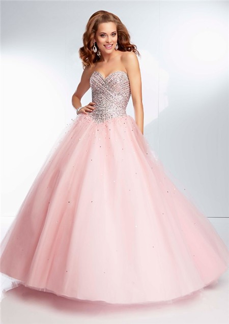 Ball Gown Strapless Sweetheart Long Light Pink Tulle Beaded Prom Dress ...