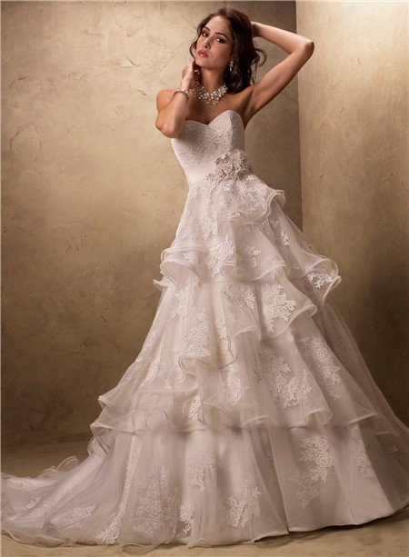 Ball Gown Sweetheart Layered Ruffled Tulle Lace Wedding Dress With ...