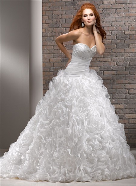 Ball Gown Sweetheart Organza Beaded Ruffle Floral Wedding Dress With ...