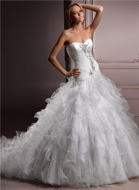 Ball Gown Sweetheart Puffy Organza Ruffle Wedding Dress With Pearls ...