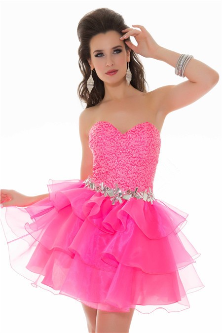 Ball Strapless Short/ Mini Hot Pink Sequin Tiered Organza Cocktail Prom ...