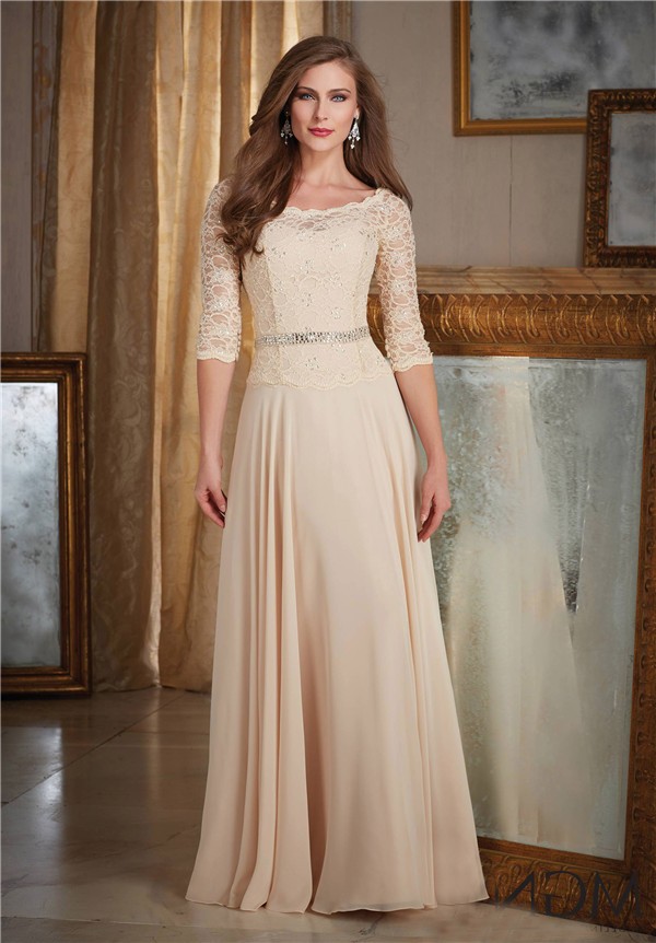 Bateau Neckline Long Champagne Chiffon Lace Mother Of The Bride Evening ...