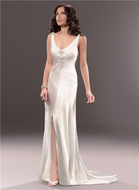 Casual Sexy Sheath Open Back Ivory Satin Wedding Dress With Pearls ...