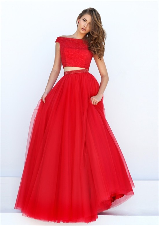 Charming A Line Off The Shoulder Two Piece Red Tulle Pearl Beaded Prom ...