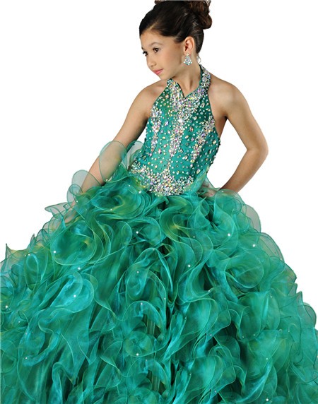 Cute Halter Emerald Green Organza Ruffle Crystal Beaded 