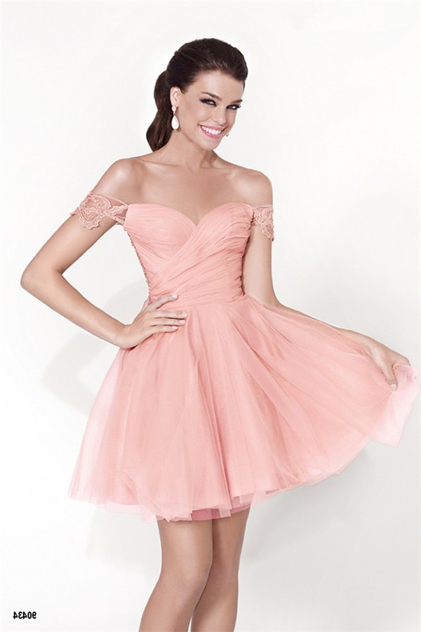 Cute Off The Shoulder Mini Blush Pink Tulle Lace Party Prom Dress