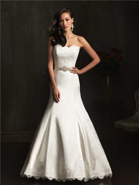 Designer Mermaid Strapless Lace Satin Wedding Dress With Crystal Belt