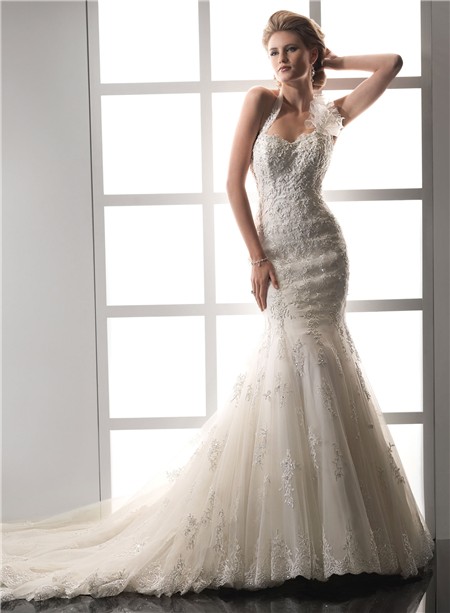 Designer Mermaid Sweetheart Halter Beaded Lace Wedding Dress With ...