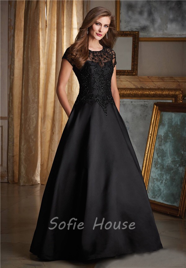 Elegant A Line Black Satin Tulle Beaded Formal Occasion Evening Dress ...