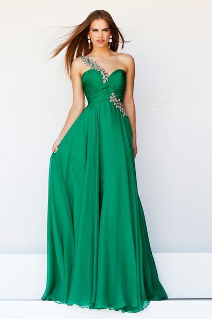 Elegant A Line One Shoulder Long Emerald Green Chiffon Prom Dress With ...