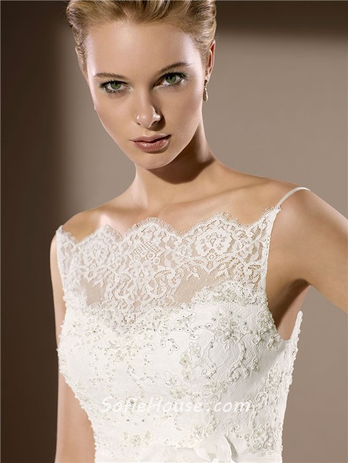 Elegant A Line Scalloped Neckline Low V Back Lace Tulle Wedding Dress ...