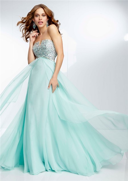 Elegant A Line Strapless Empire Waist Long Mint Green Chiffon Beaded ...