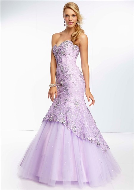 Elegant Mermaid Sweetheart Long Lavender Purple Tulle Lace Beaded Prom ...