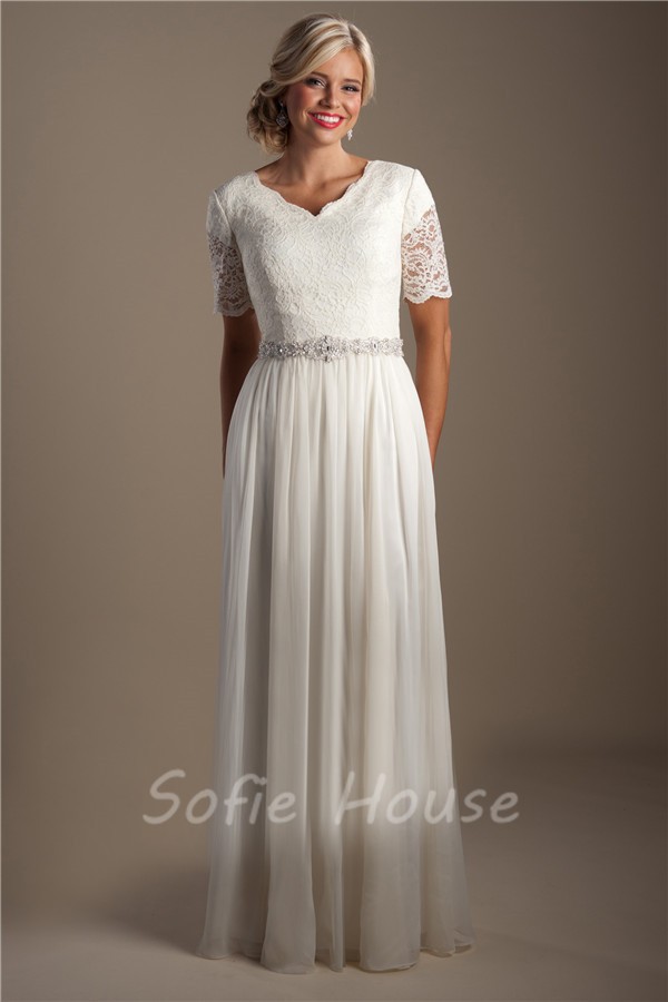 Elegant Sheath Short Sleeve Lace Chiffon Modest Beach Wedding Dress ...