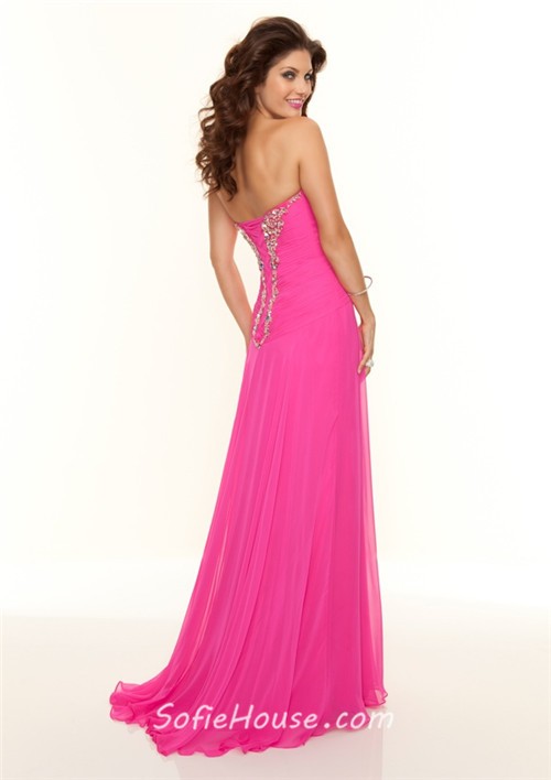 Elegant sweetheart floor length hot pink chiffon prom dress with beading