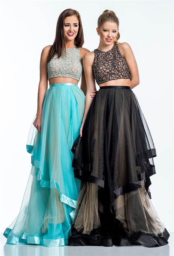 Two-Piece Prom Dress with Long Sleeved Lace Top | Style 
