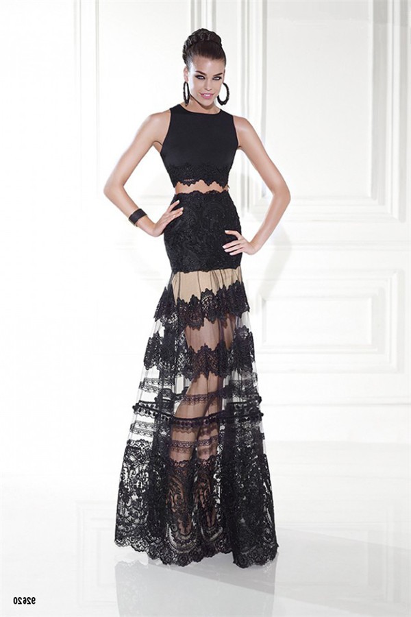 Fashion Two Piece Black Lace See Through Prom Dress