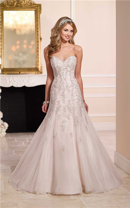 Fitted A Line Strapless Sweetheart Tulle Lace Beaded Wedding Dress