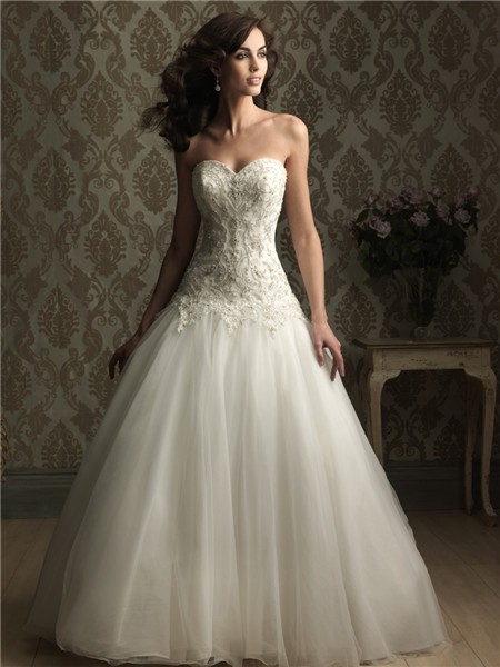 Fitted Ball Gown Sweetheart Satin Tulle Wedding Dress With Embroidery ...