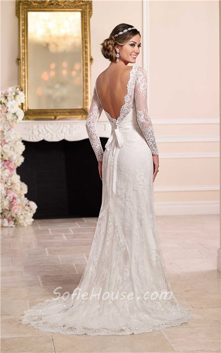 Sheath Backless Long Sleeves Lace Beach Wedding Dress - 49 Personalized