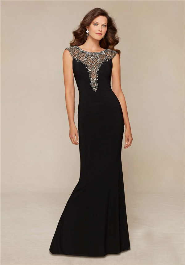 Fitted Boat Neck Sheer Back Black Chiffon Tulle Beaded Evening Prom Dress