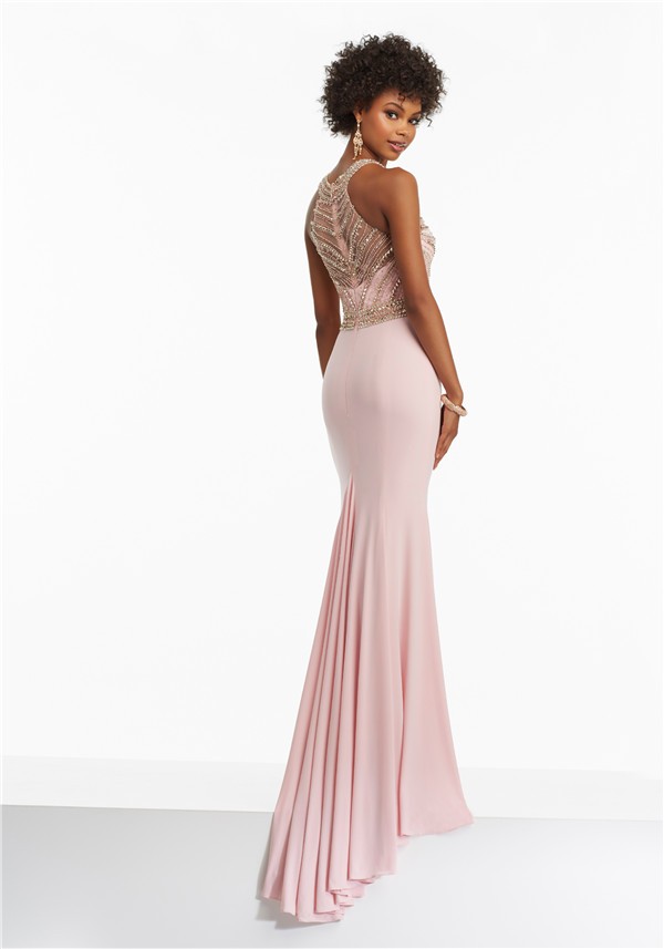 Fitted High Neck Long Pink Jersey Tulle Beaded Prom Dress