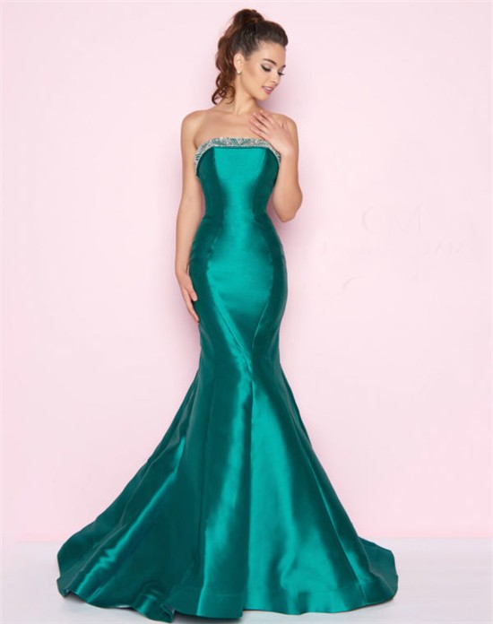 Fitted Mermaid Strapless Jade Satin Seamed Evening Prom Dress