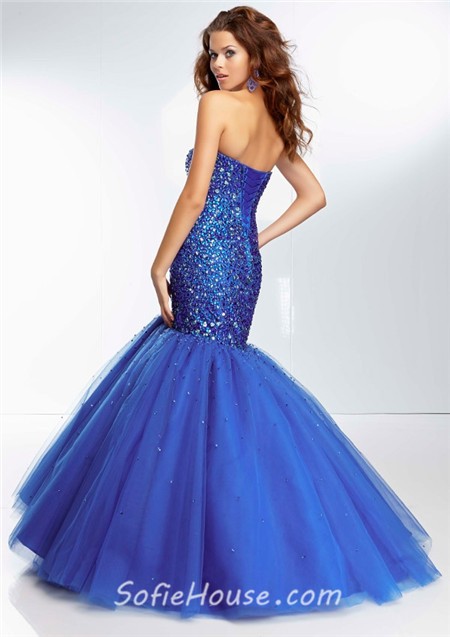 Fitted Mermaid Sweetheart Long Royal Blue Tulle Beaded Prom Dress ...