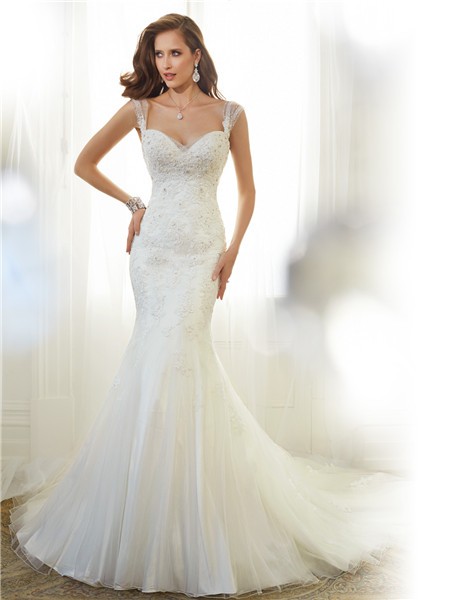 Fitted Mermaid Sweetheart Neckline V Back Organza Lace Beaded Wedding ...