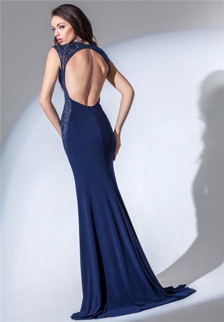 Fitted Mermaid V Neck Backless Navy Blue Beaded Long Evening Prom Dress