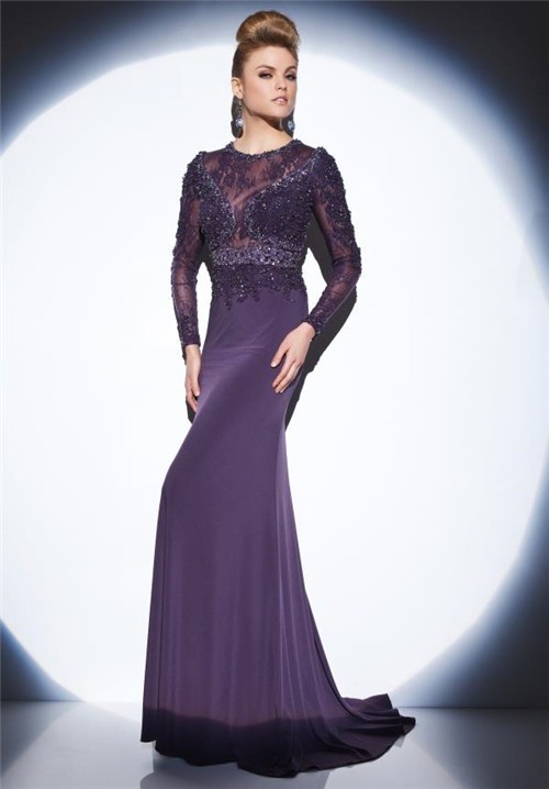 Fitted Sheer Illusion Neckline Long Sleeve Dark Purple Chiffon Lace ...