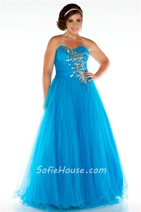Glamorous A Line Strapless Long Neon Coral Tulle Beaded Plus Size Prom ...