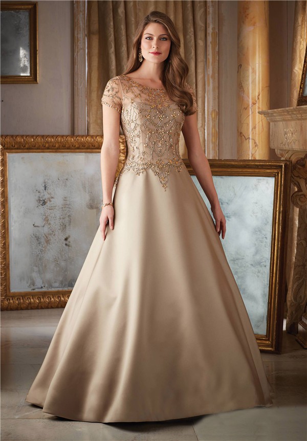 Gorgeous A Line Long Gold Satin Tulle Beaded Formal Occasion Evening ...