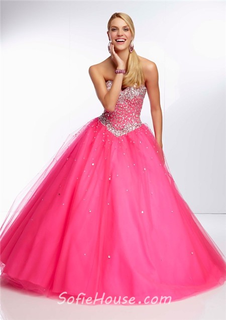 Gorgeous Ball Gown Sweetheart Long Orange Tulle Beaded Prom Dress ...