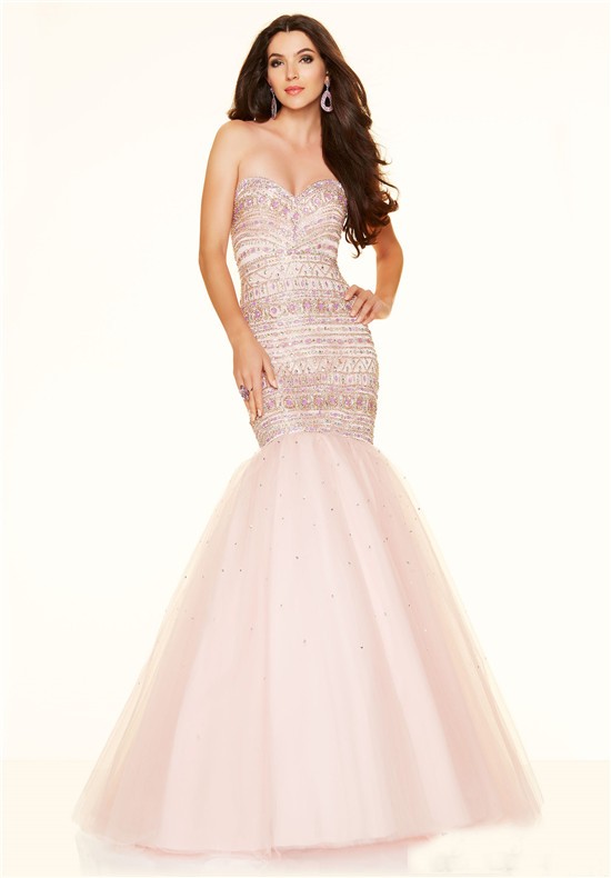 Gorgeous Mermaid Strapless Corset Light Pink Satin Tulle Beaded Prom Dress