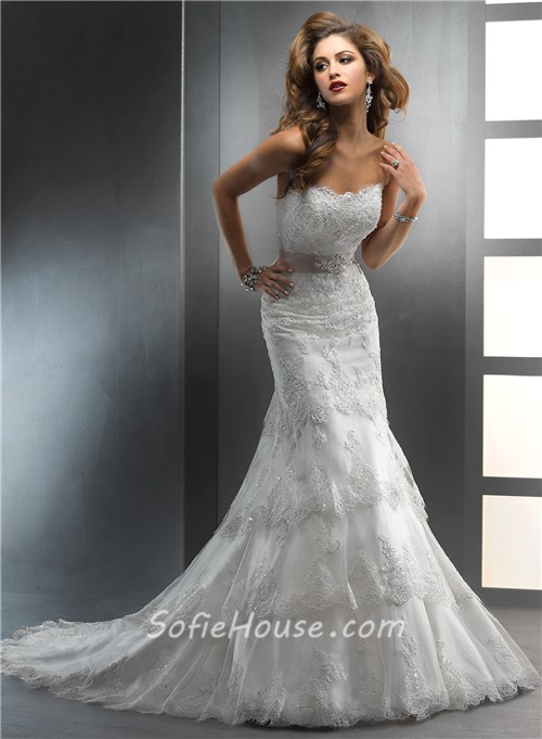 Gorgeous Trumpet/ Mermaid Strapless Tiered Beaded Lace Wedding Dress ...