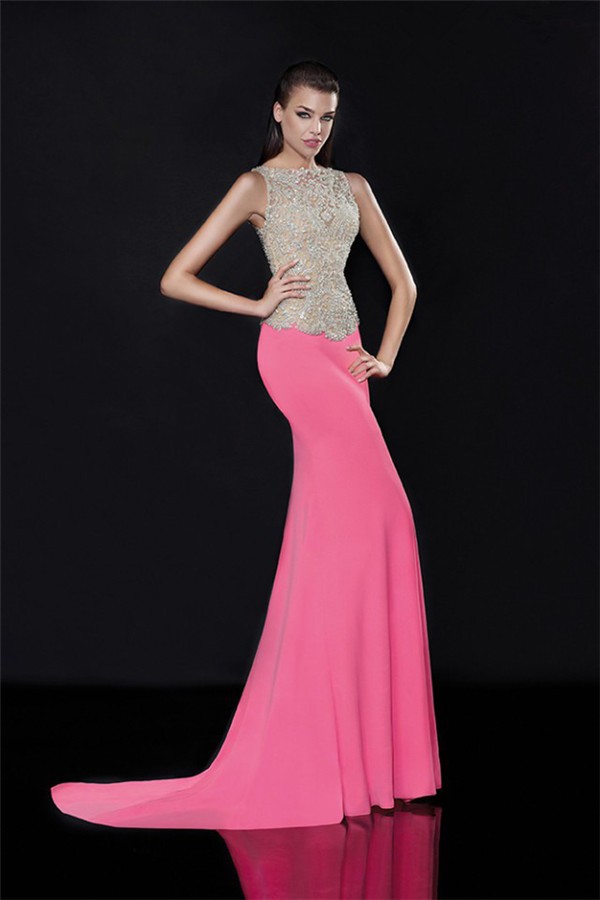 High Neck Sleeveless Hot Pink Satin Beaded Evening Prom Dress
