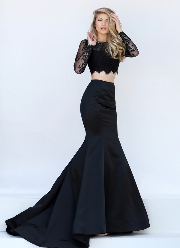 Mermaid High Neck Long Sleeve Two Piece Black Lace Satin Prom Dress