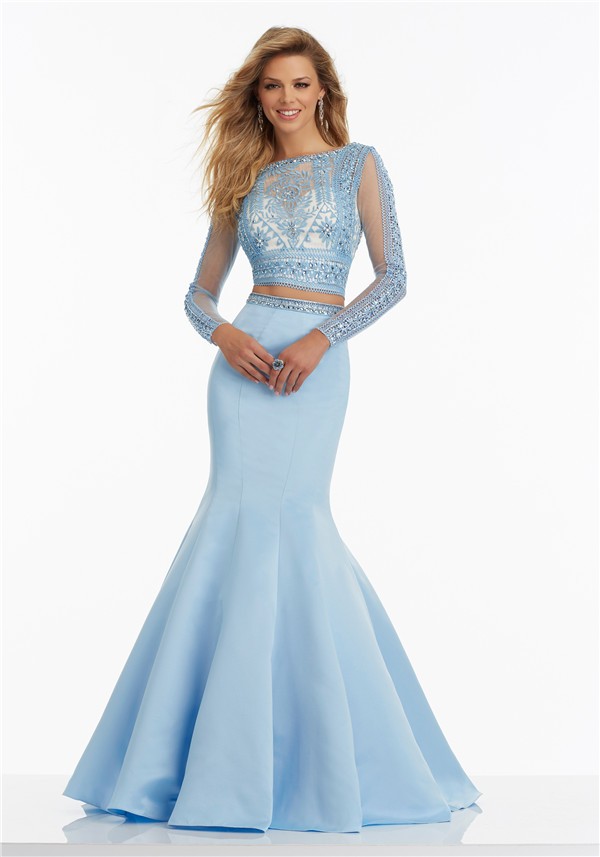 blue high neck long sleeve dress