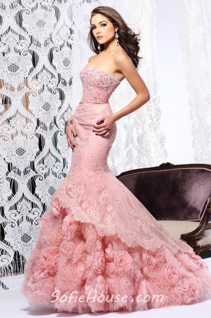 Mermaid Strapless Long Pink Organza Floral Lace Beaded Prom Dress With ...